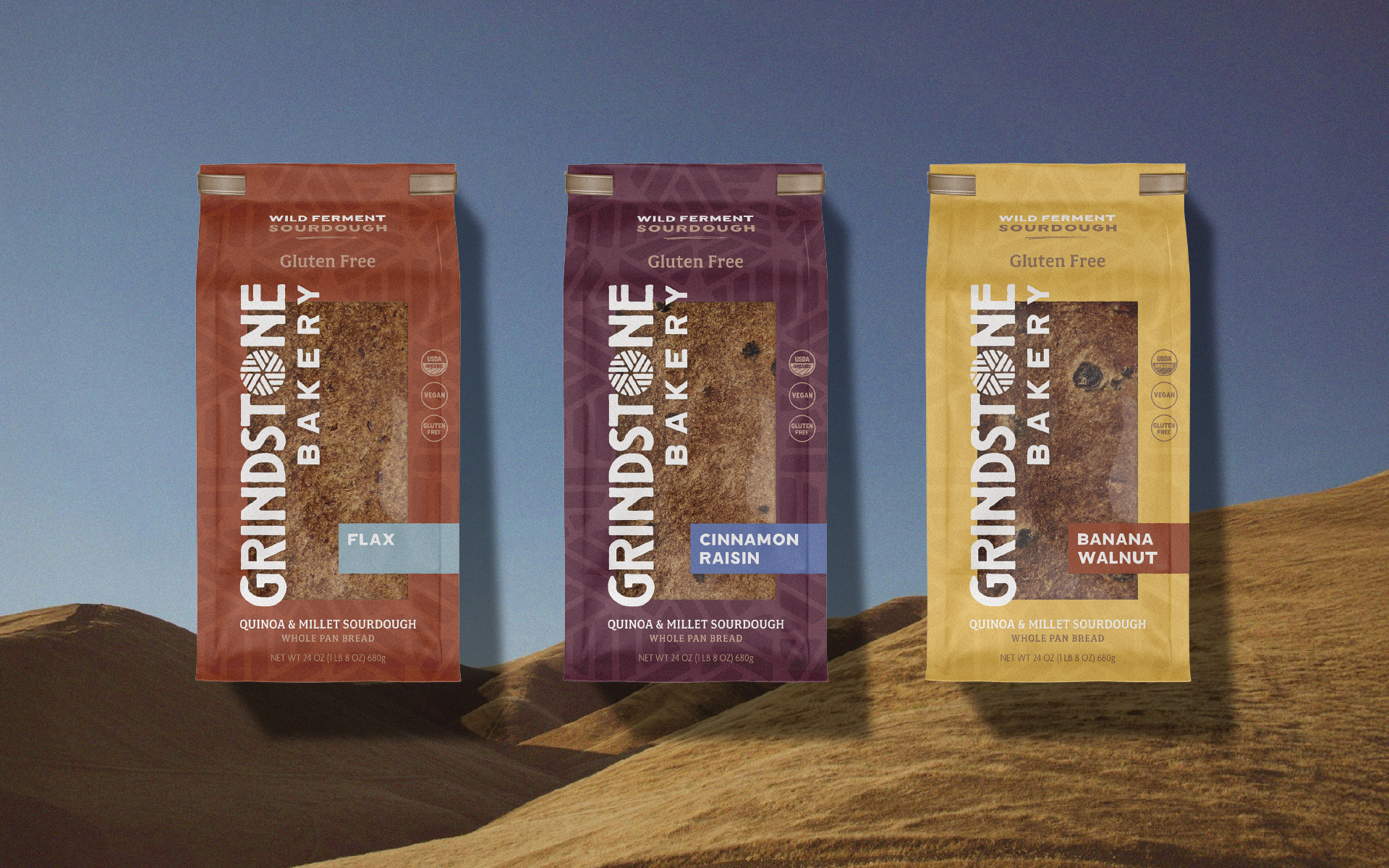 Grindstone bread packaging overlaying landscape image