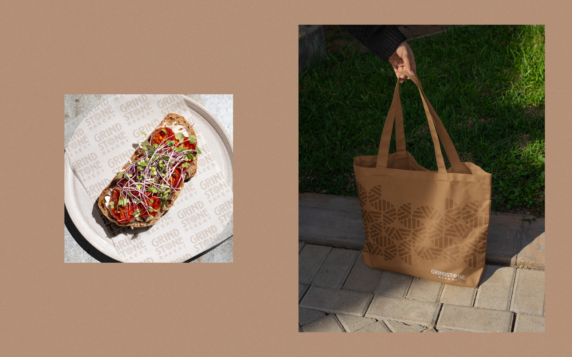 Grindstone bakery tote bag and plate with sliced open face sandwich