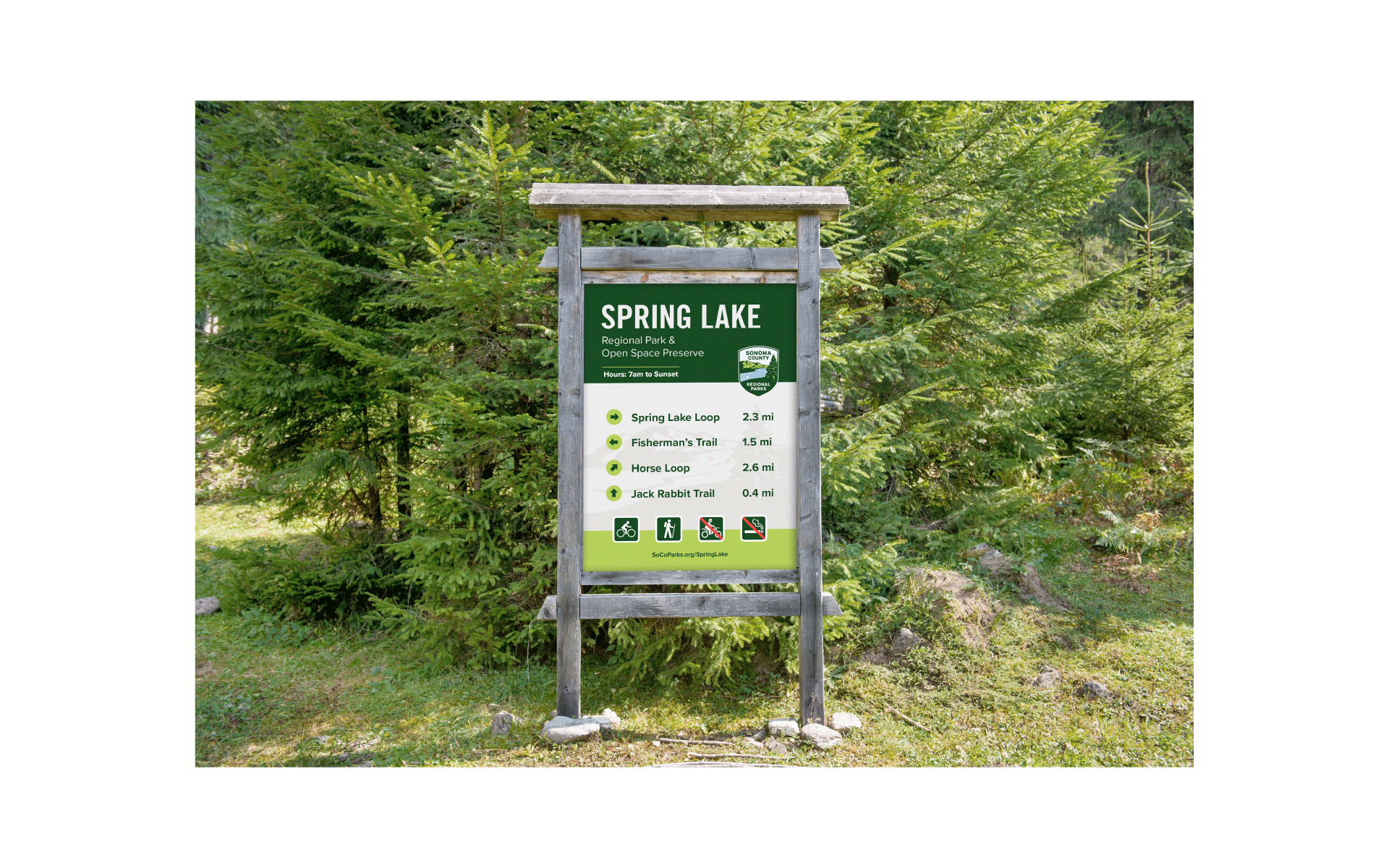 a sign in a forest for Sonoma County Regional Parks Spring Lake