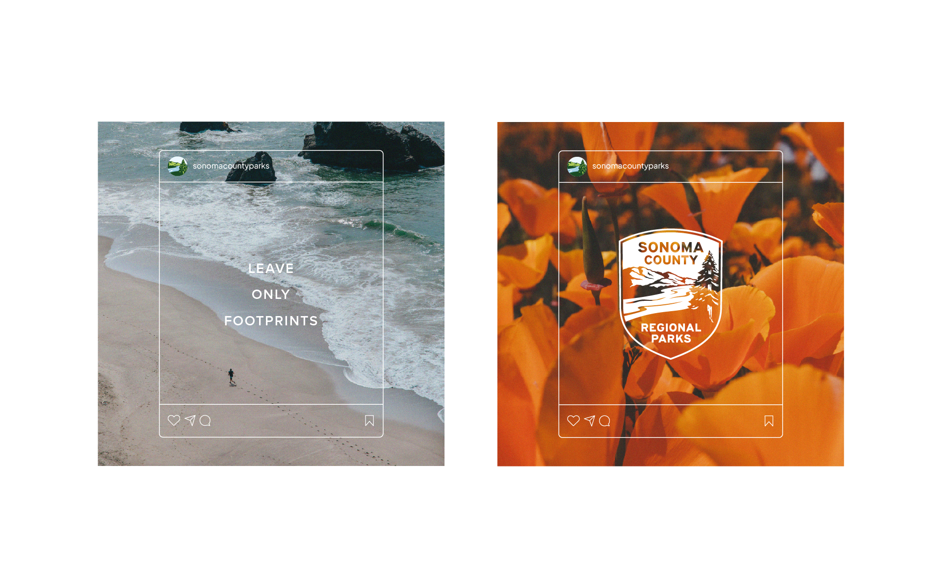 still images of instagram post mockups with image of the sonoma coast and wildflowers with the Sonoma County Regional Parks logo