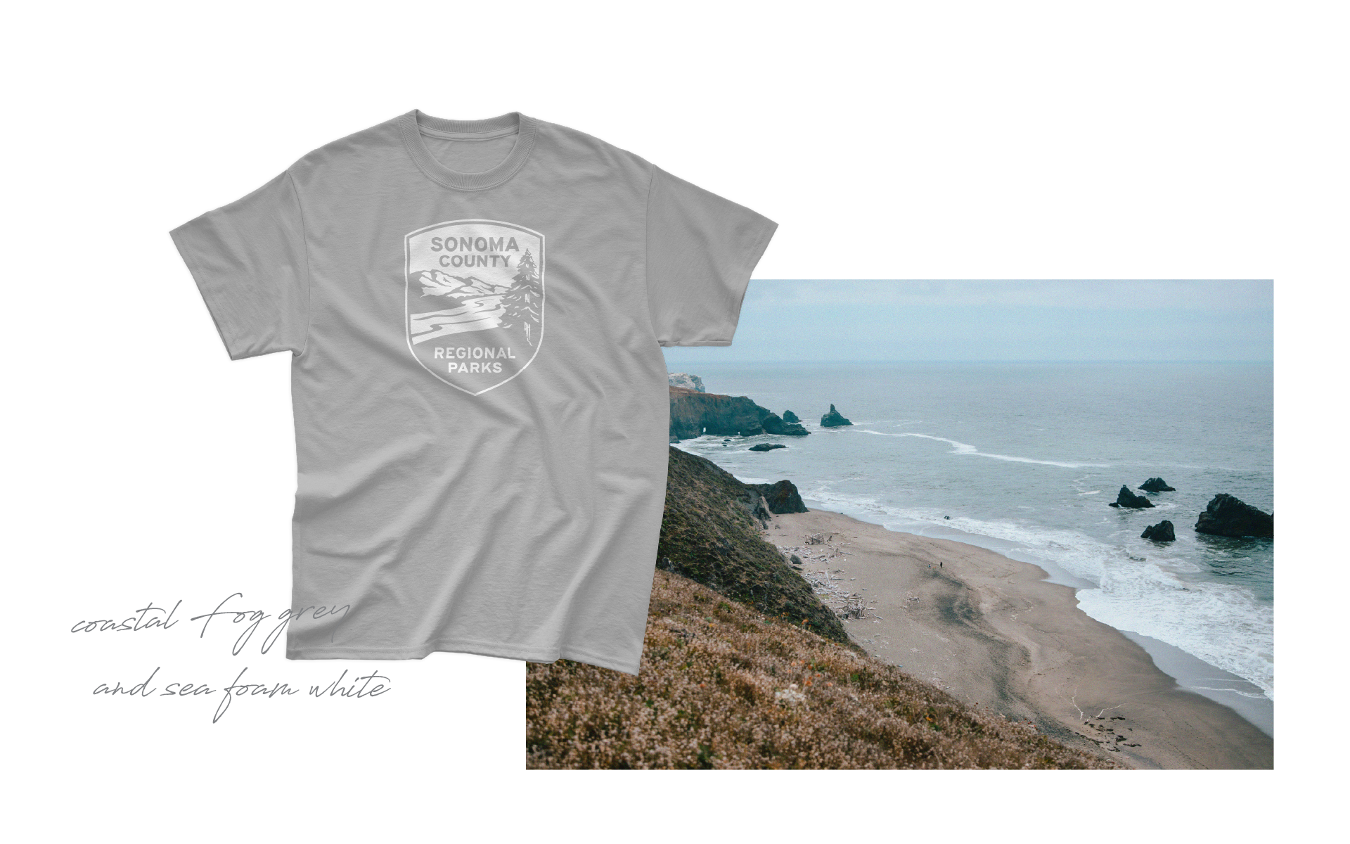 a t-shirt with the Sonoma County Regional Parks logo overlaying a snapshot of the Sonoma Coast